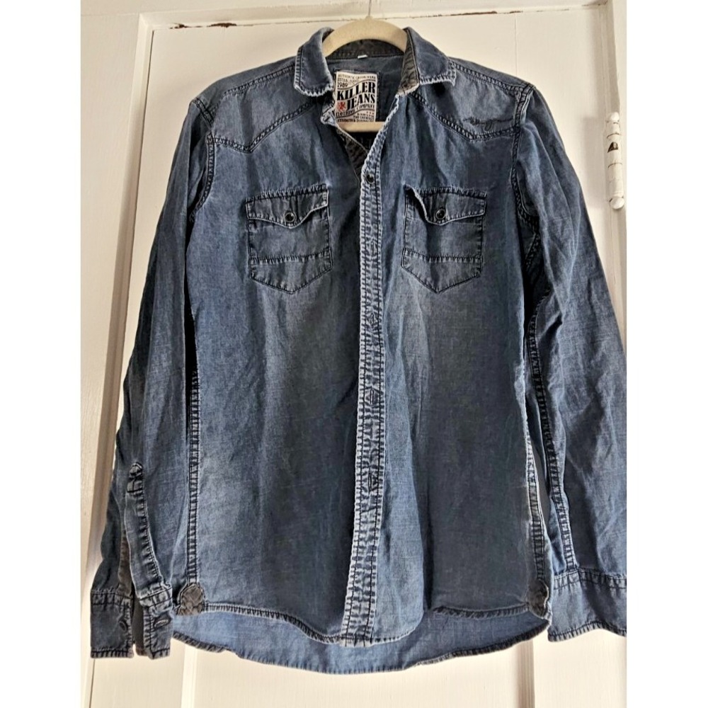 KILLER JEANS dark wash button up denim shirt dual chest pockets Mens M